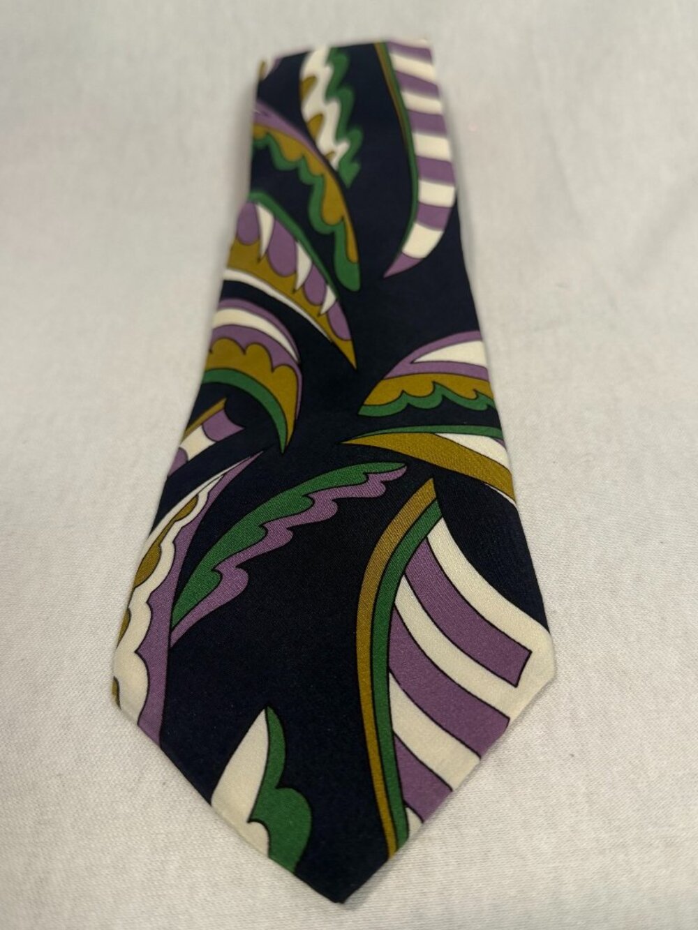 Silk Tie Mod Psychedelic Abstract Geometric Purple Green Italian Style 1960s
